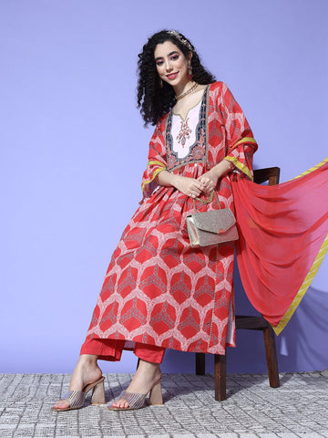 Red Ethnic Motif Printed Anarkali Kurta Paired With Tonal Solid Bottom And Dupatta